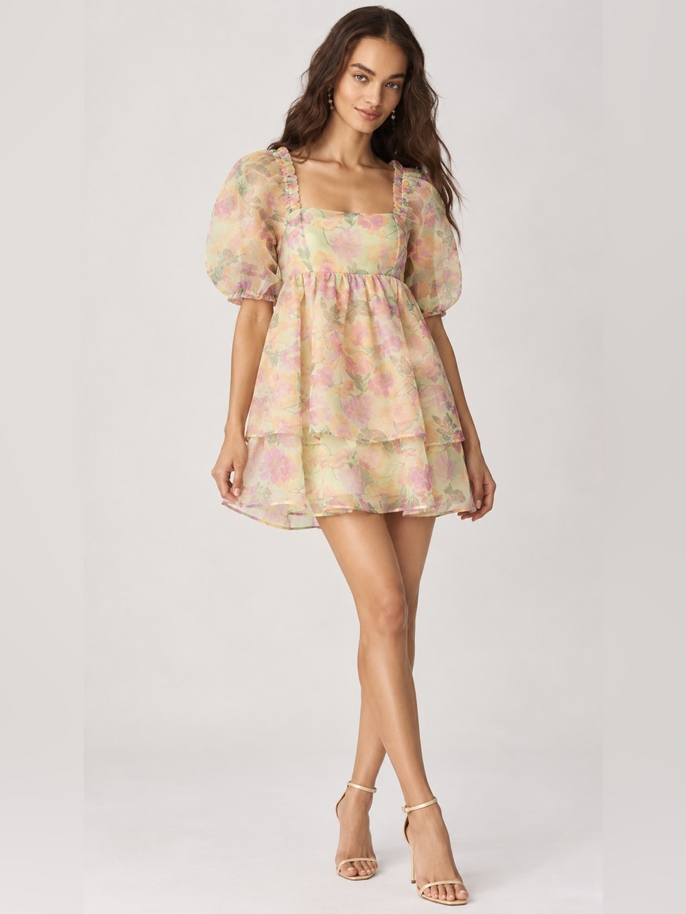 NWT Chelsea & Violet Floral Organza Puff Sleeve Babydoll Mini Dress Sz S